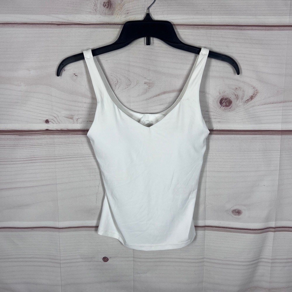 Aerie OFFLINE Tank Top Womens S White Real Me V-Neck Shelf Bra Active Athleisure